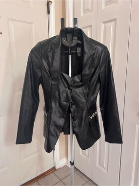 Venus snake Women's Black Faux Leather Blazer Jacket with rhinestone bling